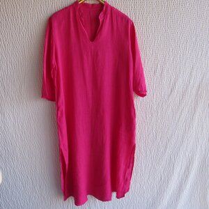 Linen Nino Bright Pink Dress High neck 3/4 Sleeve Side Pockets Side Slits Art